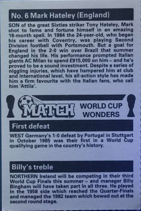 No. 6 Mark Hateley (England) Match World Cup Wonders Trading Card