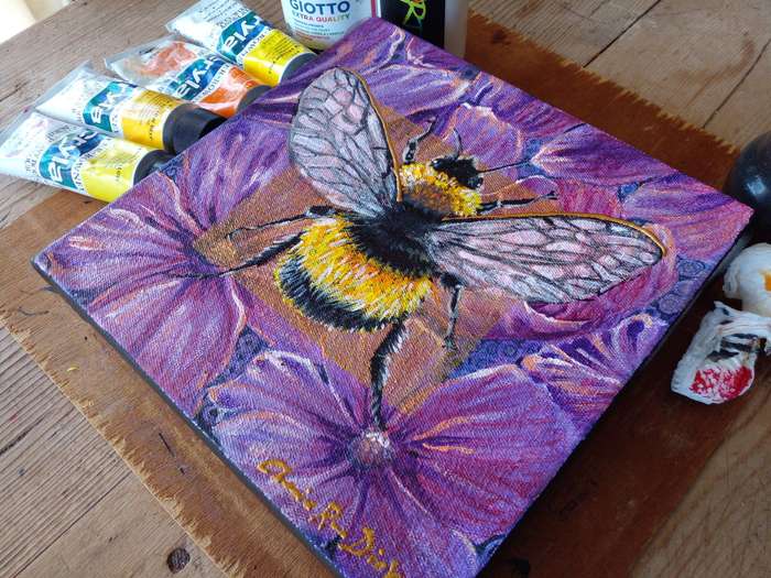 "Bumblebee on Purple Flowers" Original Painting by South African Artist, Cherie Roe Dirksen