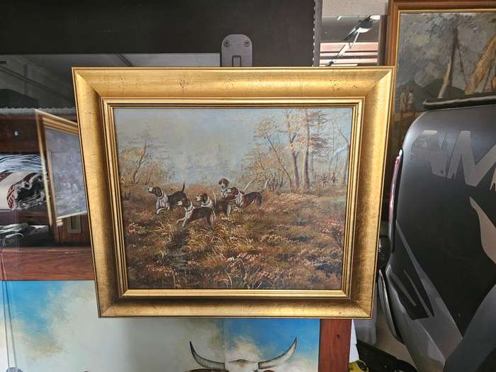 D. Higgins Hunting Hounds Oil on Board Painting