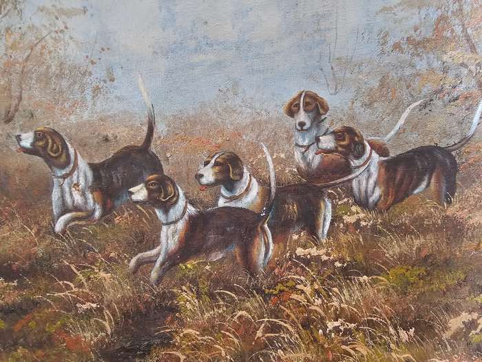 D. Higgins Hunting Hounds Oil on Board Painting