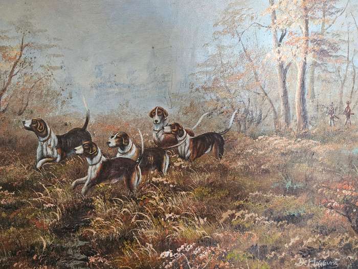 D. Higgins Hunting Hounds Oil on Board Painting