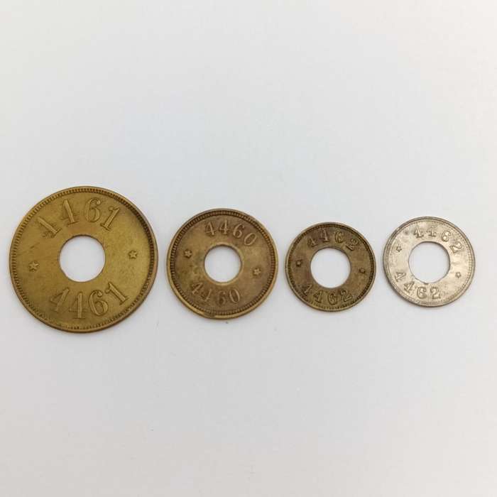 Lot of 4 different tokens 4461 large, 4460 medium, 4462 small (nickel & brass)