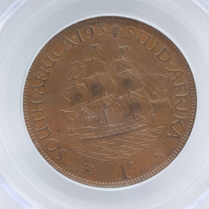 1934 SA Union one Penny graded AU55 by PCGS