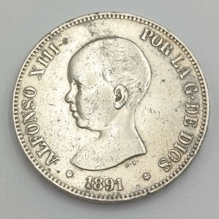 Spain 1891(91) 5 pesetas silver XF