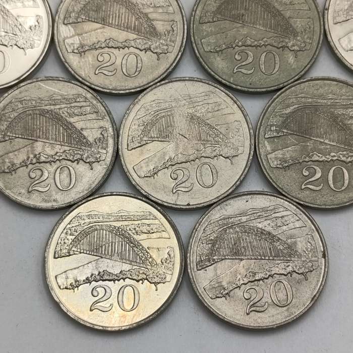 Zimbabwe lot 9 x 20 cent coins 1980, 1983, 1987, 1988, 1989, 1991, 1994, 1997 & 2002