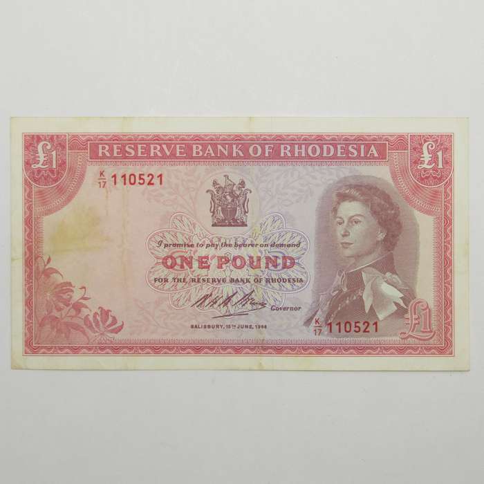 Rhodesia One Pound VF banknote 18 June 1966 - Pick 28a - yellow stain and creases