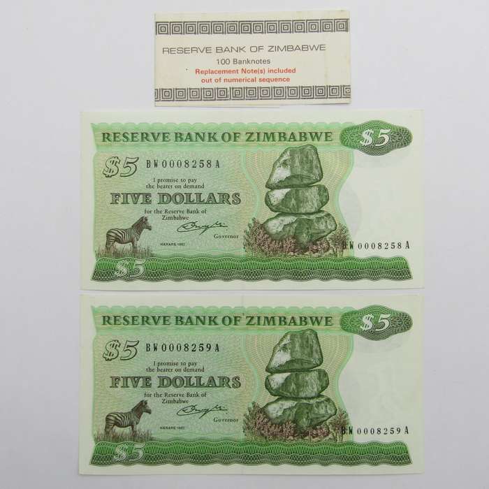 Zimbabwe Lot of 2 1980 5 Dollar UNC Replacement Banknotes - Consecutive