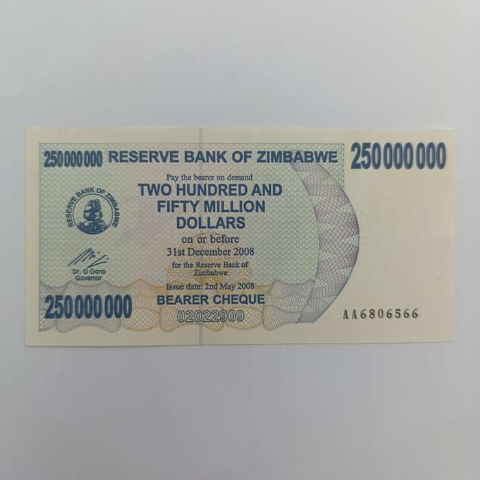 Zimbabwe two hundred and fifty million dollars - uncirculated bearer  cheque 2 May 2008