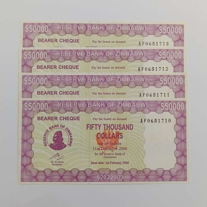 Zimbabwe Lot of 4 Bearer cheques $50000 - with consecutive numbers - 1 Feb 2006