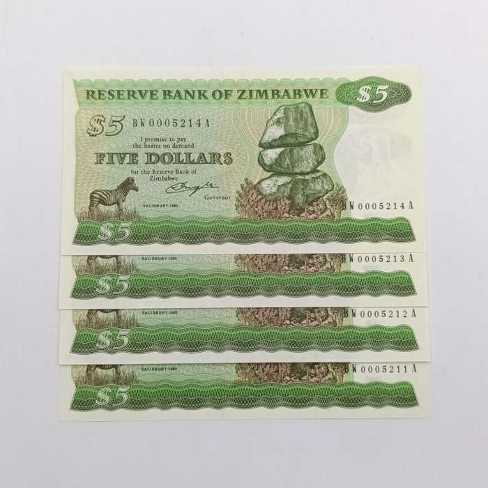 Zimbabwe $5 Uncirculated Banknotes Pick Salisbury 1980 Lot of 4