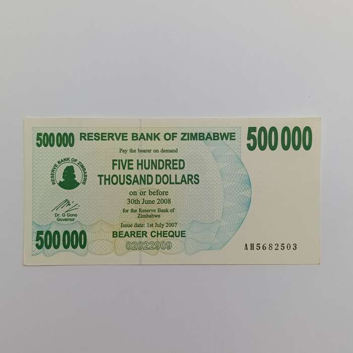 Zimbabwe $500 000 Bearer cheques issued 1 July 2007 uncirculated pair with consecutive numbers