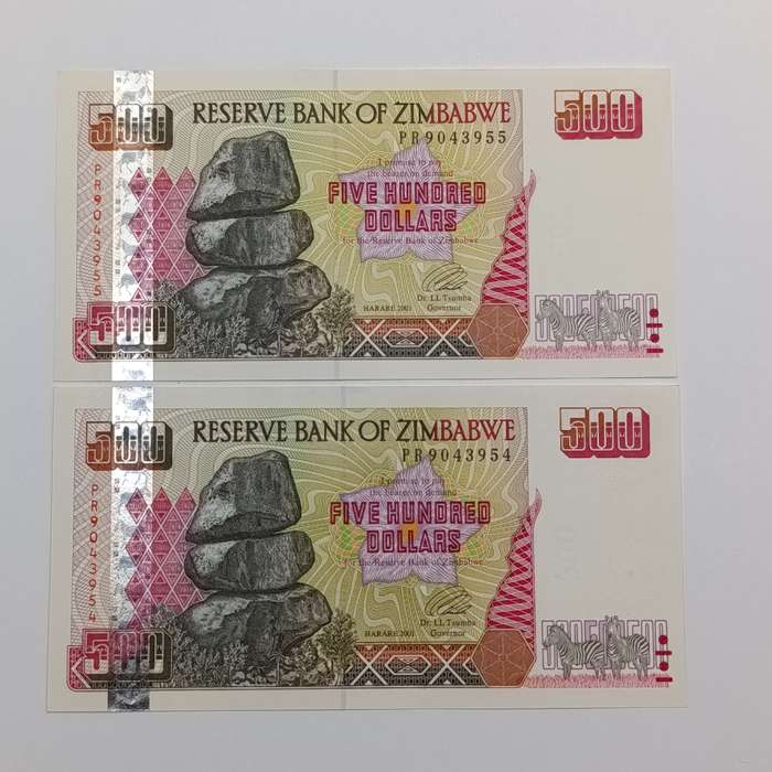 Zimbabwe $500 Harare 2001 Pair of uncirculated notes with consecutive numbers