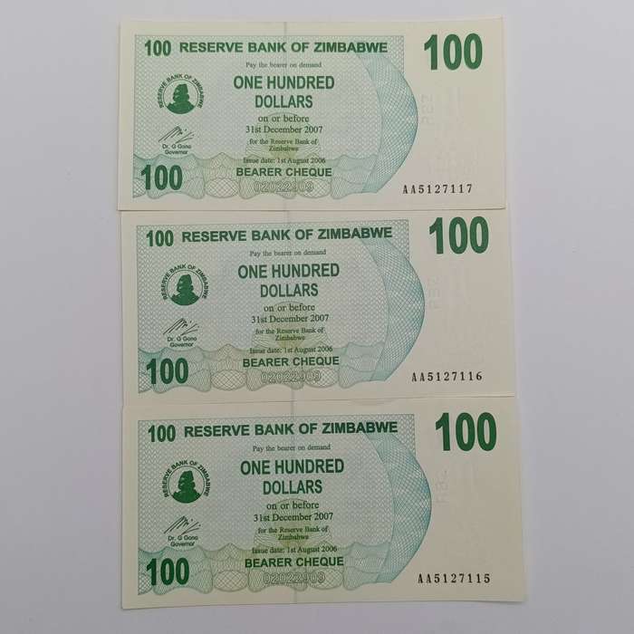 Zimbabwe $100 bearer cheques lot of 3 uncirculated notes with  consecutive numbers - AA