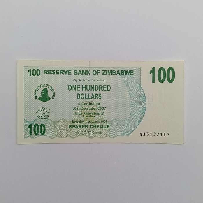 Zimbabwe $100 bearer cheques lot of 3 uncirculated notes with  consecutive numbers - AA