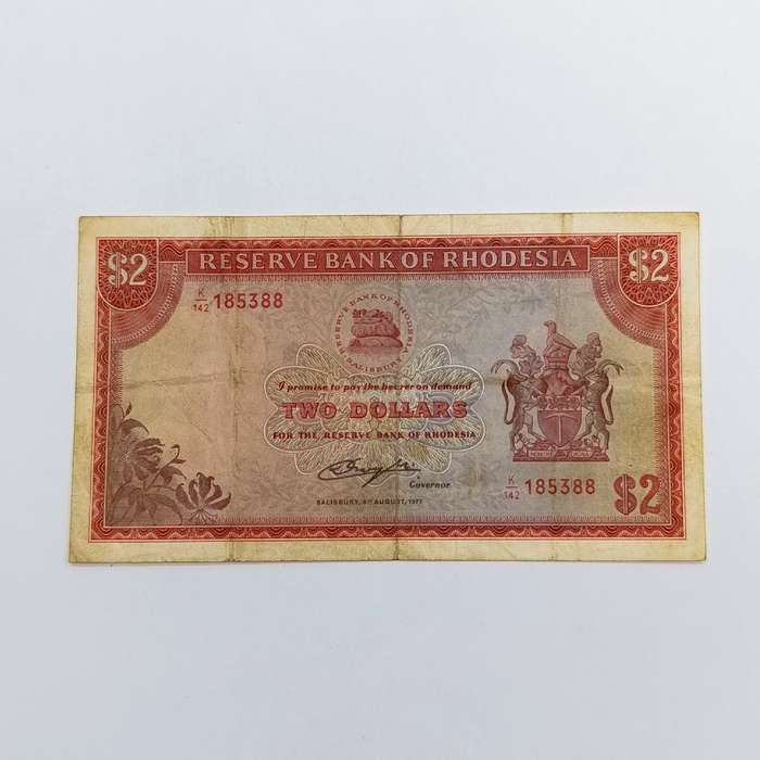 Rhodesia Two dollars banknote 5 August 1977 used and folded