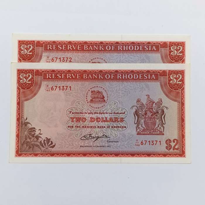 Rhodesia Two dollars banknotes Salisbury 5 August 1977 Pair of uncirculated notes