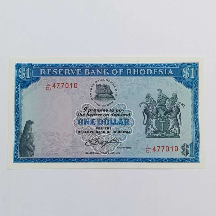 Rhodesia One dollar banknote 2 August 1979 uncirculated bird watermark