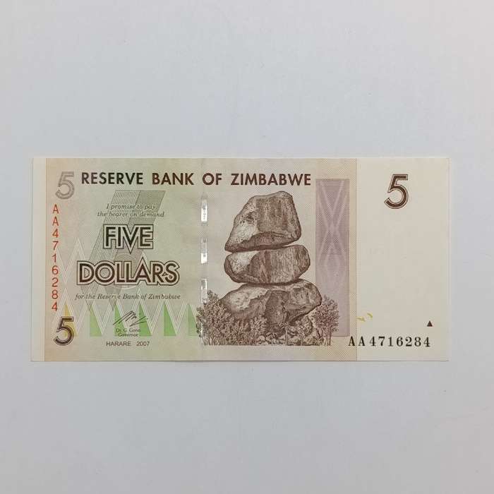 Zimbabwe lot of 4 x $5 Harare 2007 banknotes - all uncirculated AA numbers