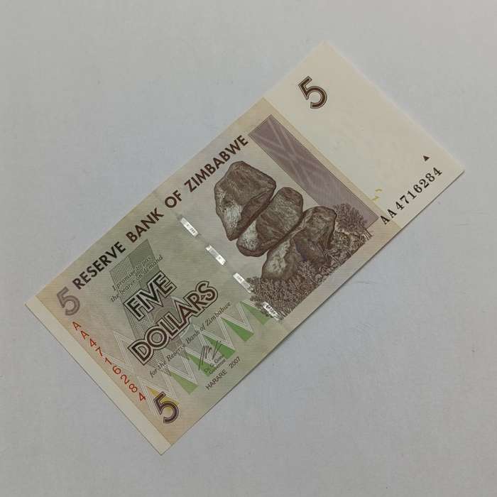 Zimbabwe lot of 4 x $5 Harare 2007 banknotes - all uncirculated AA numbers