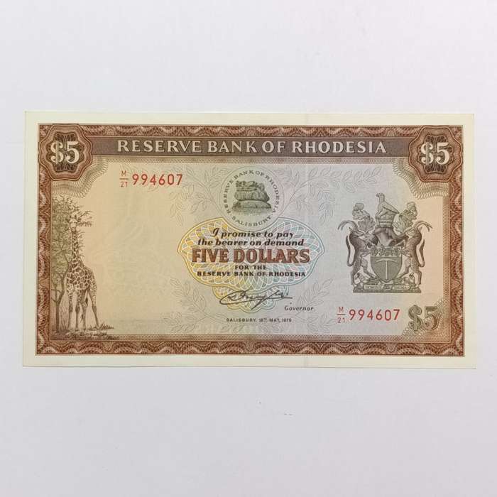 Rhodesia Five dollars banknotes 15 May 1979 Pair of uncirculated notes with consecutive numbers