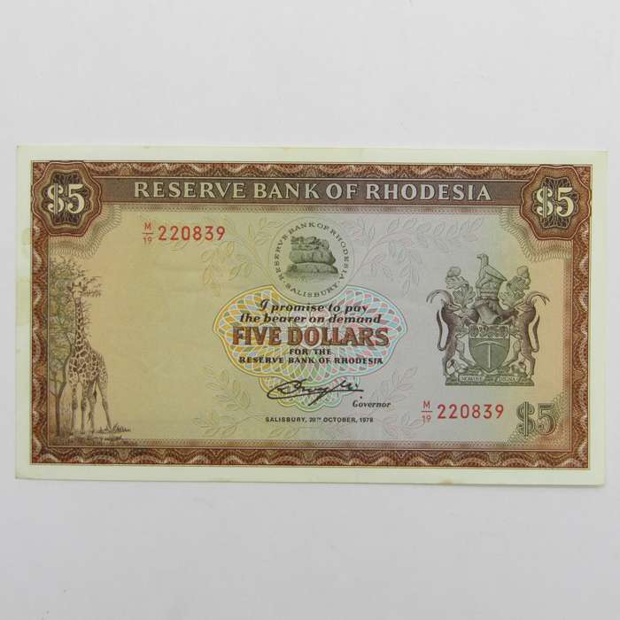 Rhodesia Five Dollars 20 Oct 1978 banknote - AU - light creasing