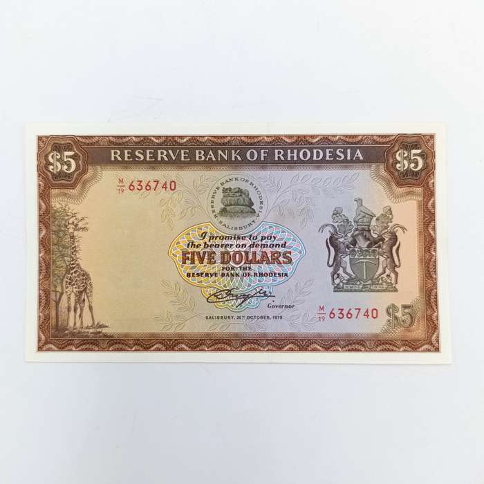 Rhodesia Five dollars banknotes 20 October 1978 lot of 3 uncirculated notes with consecutive numbers