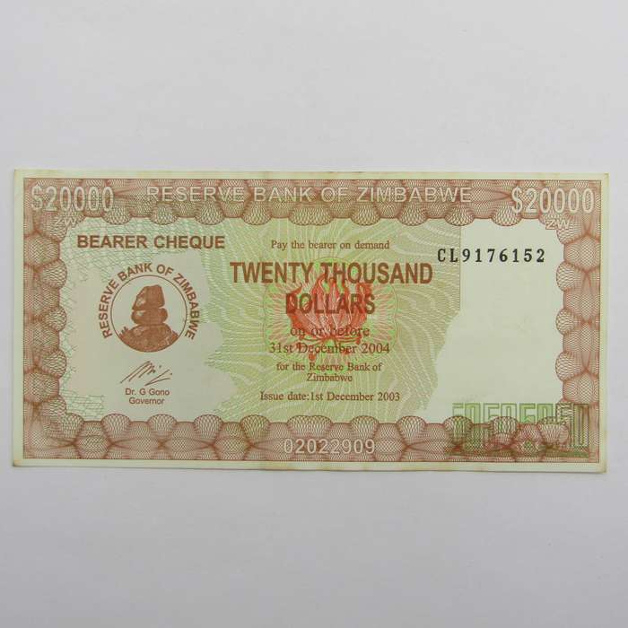 Zimbabwe $20000 Bearer Cheque issued 1 Dec 2003 - uncirculated - Rare CL proving number
