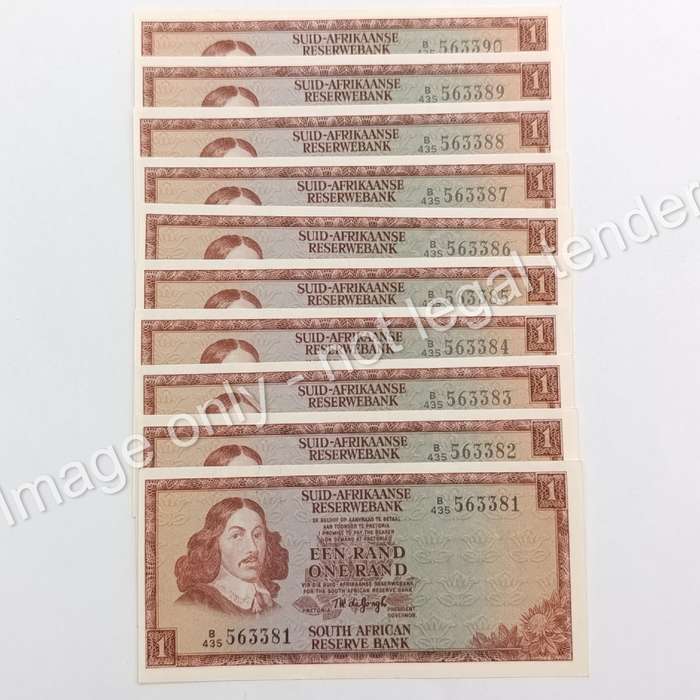 Lot of 10 TW de Jongh R1 notes - 3rd issue 1975 uncirculated with consecutive numbers