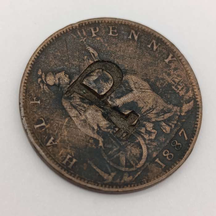 1837 Great Britain half penny with overstamped "P" and "I"