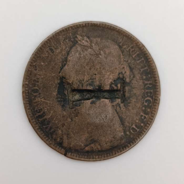 1837 Great Britain half penny with overstamped "P" and "I"