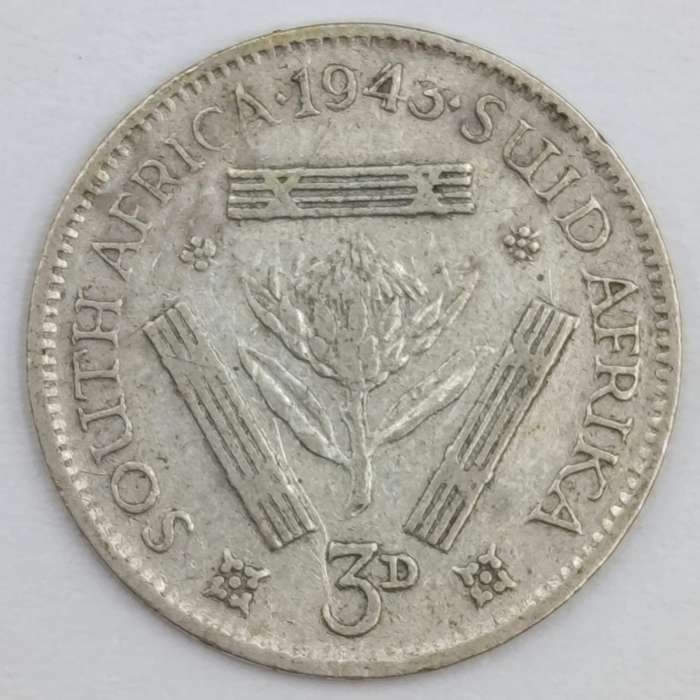 1943 South African Union 3 pence tickey - double struck "4" in date