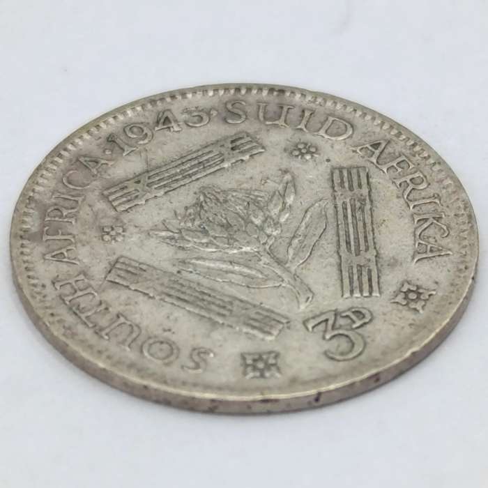 1943 South African Union 3 pence tickey - double struck "4" in date