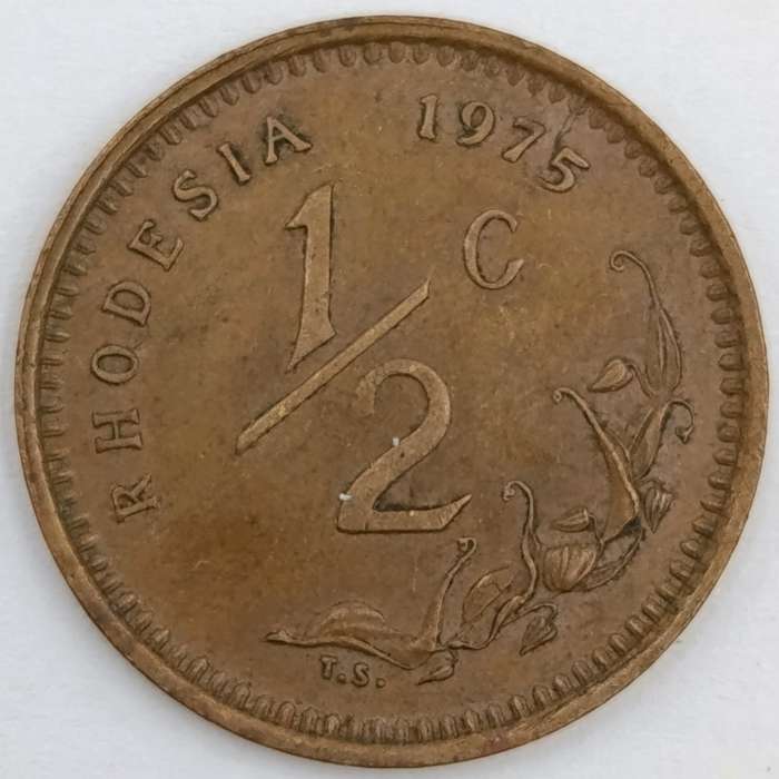 Error coin - 1975 Rhodesia 1/2 cent with die crack on "5" of date