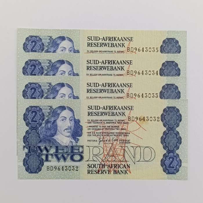 Gerhard de Kock lot of 4 uncirculated R2 notes with consecutive numbers