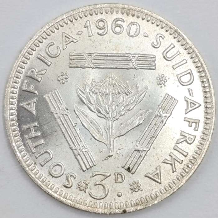 South Africa 1960 scarce 3d tickey uncirculated Low mintage of 21364
