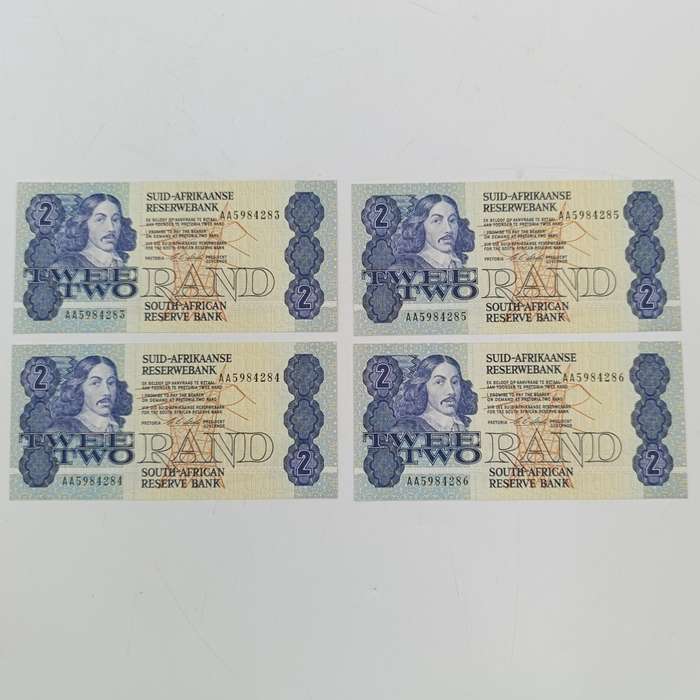 South Africa Cl Stals Lot of 4 uncirculated R2 banknotes AA series consecutive numbers