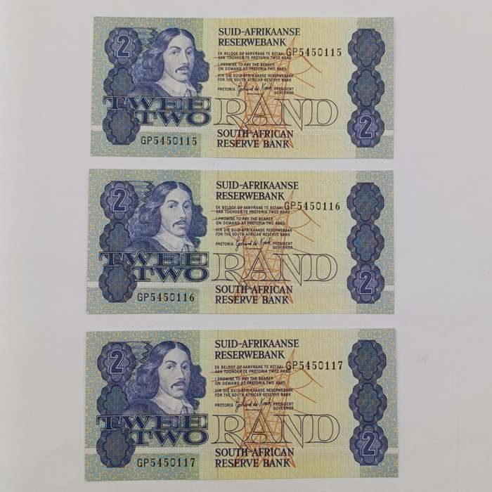 South Africa 3rd Issue GPC de Kock consecutive Lot of 3xR2 banknotes uncirculated