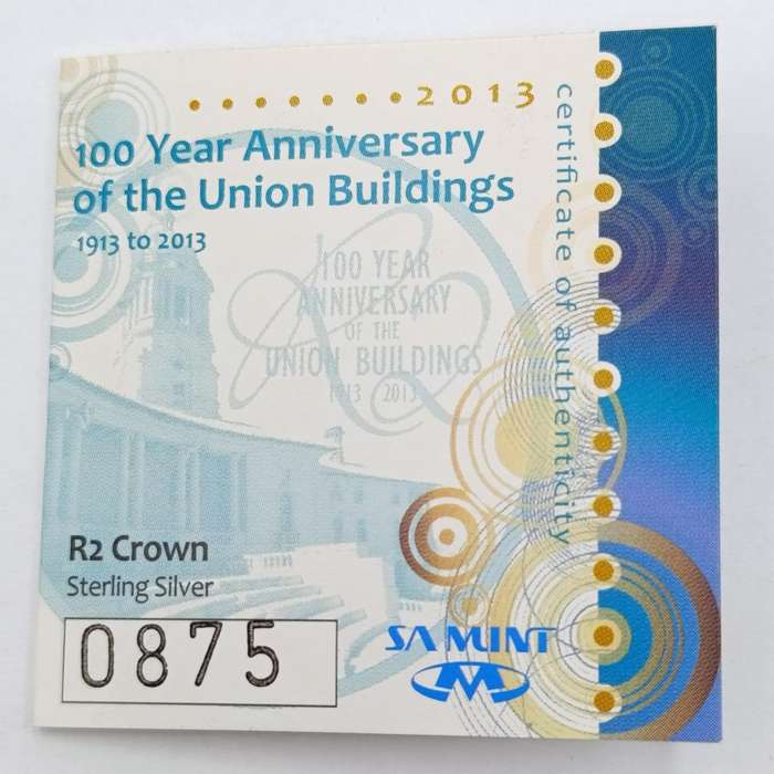 2013 RSA 1oz proof silver R2 - 100 Year Anniversary of the Union Buildings with certificate