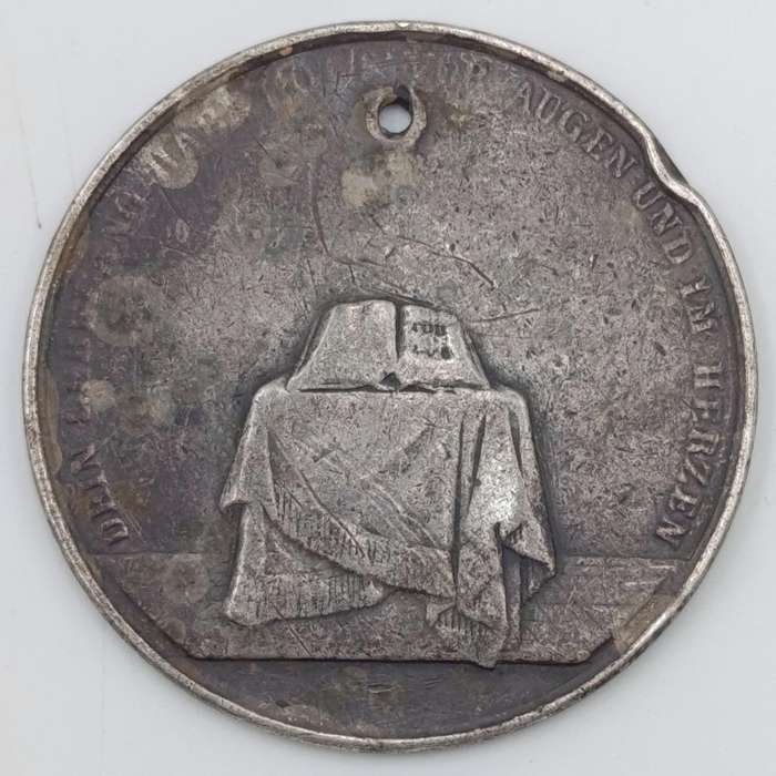 C. 1800's German Silver baptismal medallion - Holed - Tobias 4:6 - weighs 16.4g