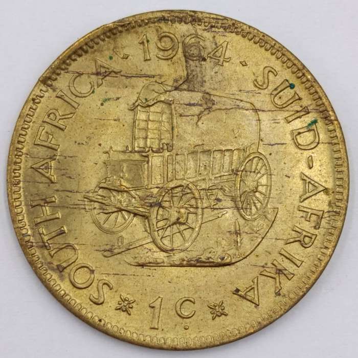 1964 South Africa one cent with metal flaw reverse top