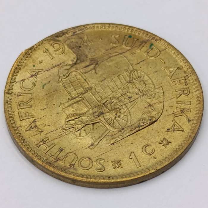 1964 South Africa one cent with metal flaw reverse top