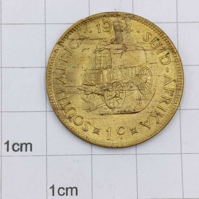 1964 South Africa one cent with metal flaw reverse top