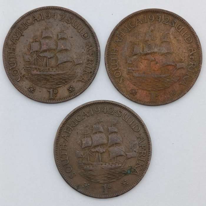 1942 South Africa Penny - 3 variations stop after 1942 no stop after 1942 4 and 2 wide apart
