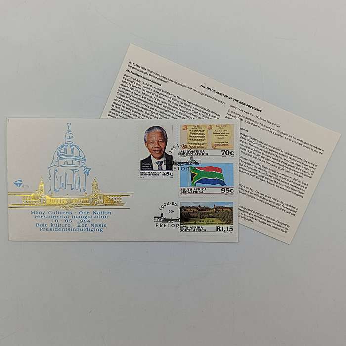 Mandela proof R5 on FDC no 6.3c plus Mandela inauguration cover 6.3b plus R5 Mandela coin 2000