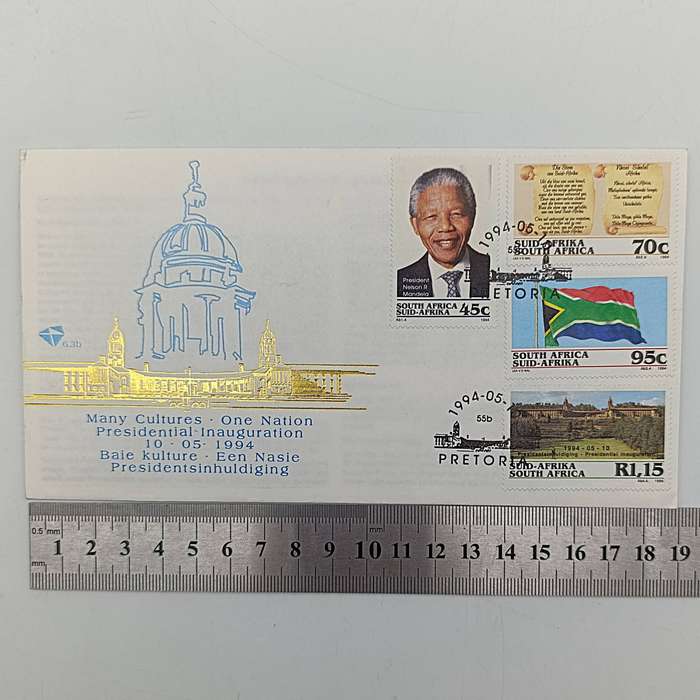 Mandela proof R5 on FDC no 6.3c plus Mandela inauguration cover 6.3b plus R5 Mandela coin 2000