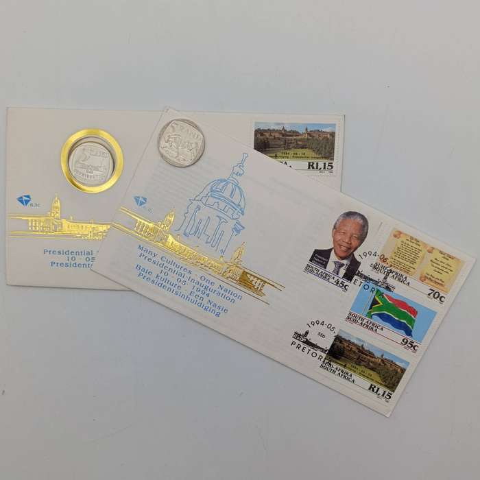 Mandela proof R5 on FDC no 6.3c plus Mandela inauguration cover 6.3b plus R5 Mandela coin 2000