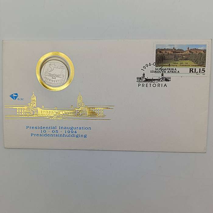 Mandela proof R5 on FDC no 6.3c plus Mandela inauguration cover 6.3b plus R5 Mandela coin 2000