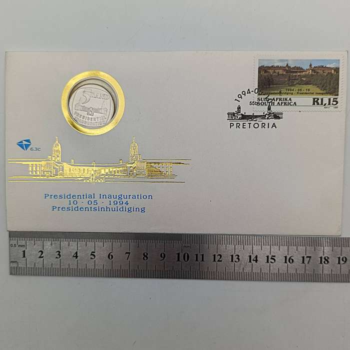 Mandela proof R5 on FDC no 6.3c plus Mandela inauguration cover 6.3b plus R5 Mandela coin 2000