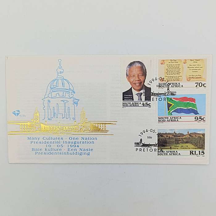 Mandela proof R5 on FDC no 6.3c plus Mandela inauguration cover 6.3b plus R5 Mandela coin 2000