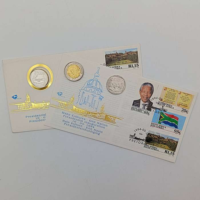 Mandela set with FDC 6.3b inauguration FDC 6.3c with proof R5 1994 plus year 2000 R5 Mandela and yea